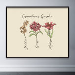 Poster Grandma's Garden Flower 3 Grandkids Nom Floral<br><div class="desc">Cette Fleur de Jardin de Grand-mère et Nom de Grand-Enfants est un mélange délicieux de charme vintage et de chaleur personnalisée. C'est l'addition parfaite au paradis de n'importe quelle grand-mère, apportant la beauté d'un jardin botanique directement dans sa maison. Doté d'une magnifique illustration de fleurs vintages qui saisit l'essence du...</div>
