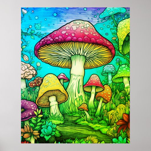 Poster Grands et petits champignons Fond noir sur un mur (Devant)