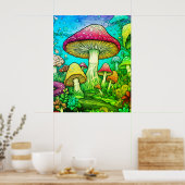 Poster Grands et petits champignons Fond noir sur un mur (Cuisine)