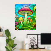Poster Grands et petits champignons Fond noir sur un mur (Bureau à domicile)
