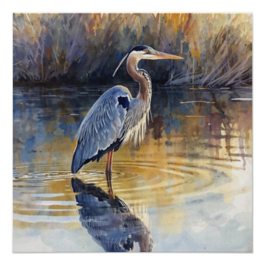 Poster Grands Hérons Bleus Aquarelles de Rivière (Devant)