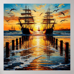 Poster Grands voiliers historiques naviguant au coucher d