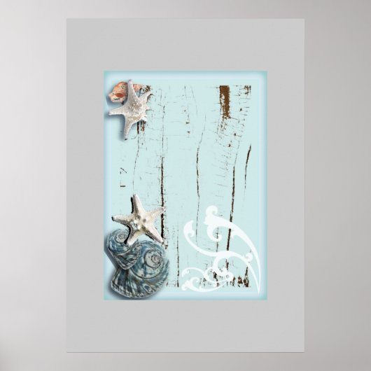 Poster Grange côtière bois aqua bleu étoile coquillages (Devant)