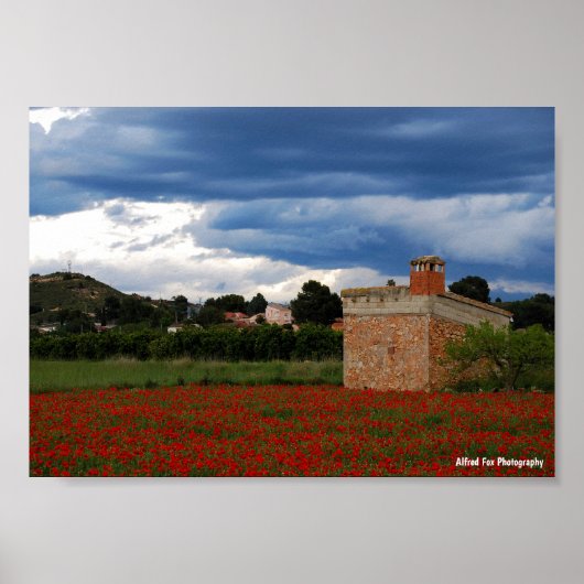 Poster Grange de campagne dans un champ de coquelicots (Devant)