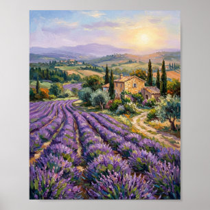 Poster Grange en pierre du champ de lavande de Provence I