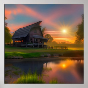 Poster Grange près de l'étang au coucher du soleil