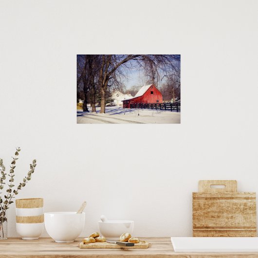 Poster Grange rouge dans la neige (Cuisine)