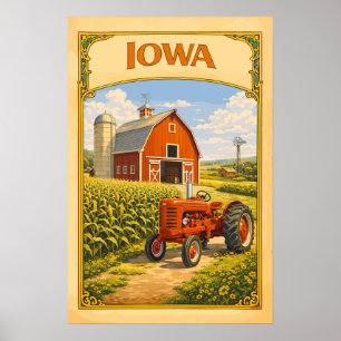 Poster Grange rouge de l'Iowa et tracteur classique vinta