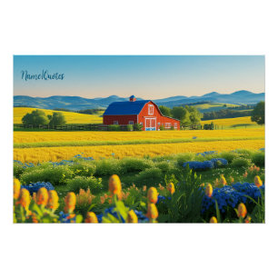 Poster Grange rouge et collines ondoyantes