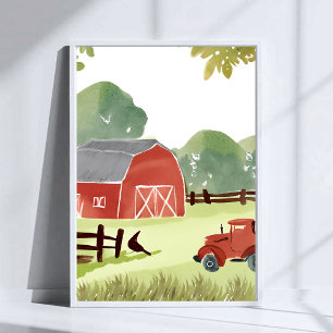 Poster Grange rouge Peinture aquarelle de tracteur de f