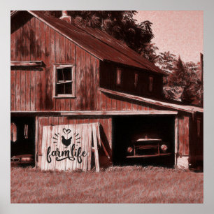 Poster Grange Vieille Ferme Antique Rouge