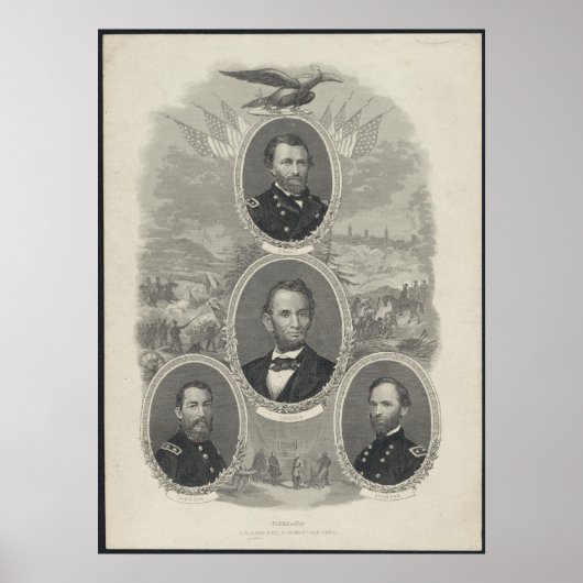 Poster Grant, Lincoln, Sheridan, Sherman (Devant)
