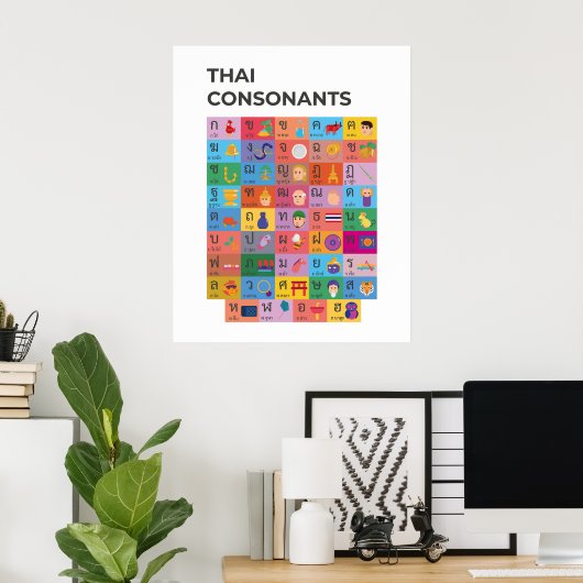 Poster Graphique Consonant Thaïlandais Moderne, Script Th (Bureau à domicile)