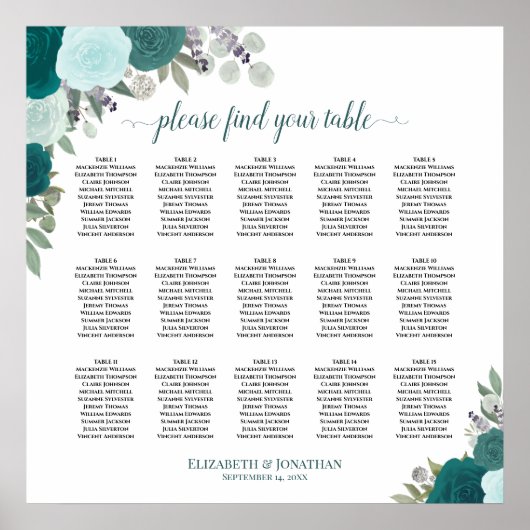 Poster Graphique de placement 15 tables élégantes roses s (Devant)