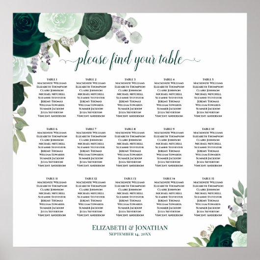 Poster Graphique de placement 15 tables Roses émeraude Ch (Devant)