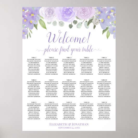 Poster Graphique de placement 15 tables Roses lavande Boh (Devant)