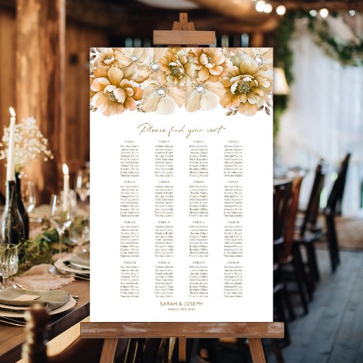 Poster Graphique de placement 16 tables mariage floral or