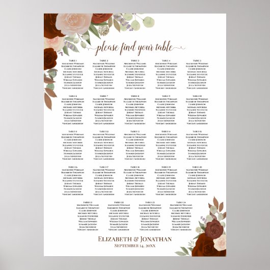 Poster Graphique de placement 24 tables mariage floral au (Devant)