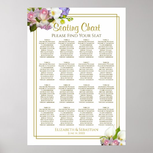 Poster Graphique de placement de mariage à 16 tables Flor (Devant)
