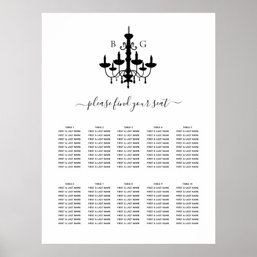 Poster Graphique de placement de mariage à lustre noir et (Devant)