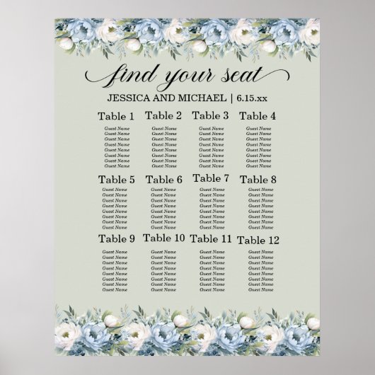 Poster Graphique de placement de mariage au sage vert pou (Devant)