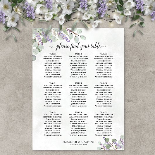 Poster Graphique de placement de mariage aux 9 tables ave