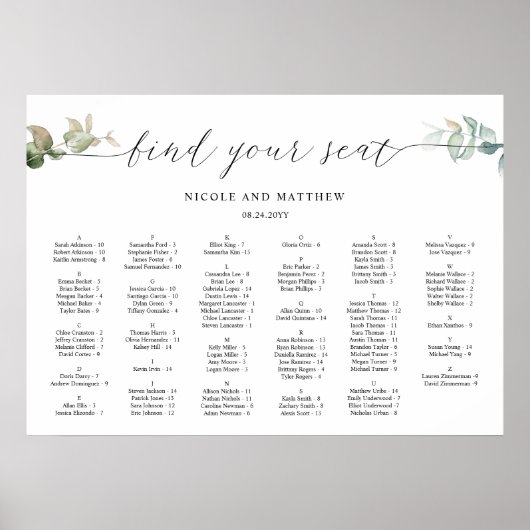 Poster Graphique de placement de mariage chic par ordre a (Devant)