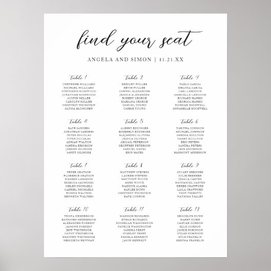 Poster Graphique de placement de mariage élégant moderne (Devant)