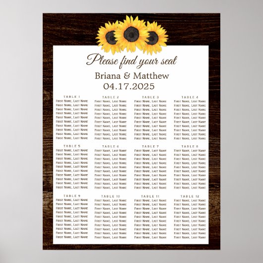 Poster Graphique de placement de mariage en bois de tourn (Devant)