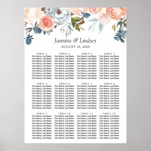 Poster Graphique de placement de mariage floral aquarelle (Devant)
