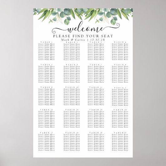 Poster Graphique de placement de mariage simple avec verd (Devant)
