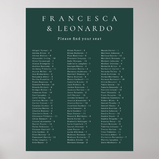 Poster Graphique de placement de mariage simple vert émer (Devant)