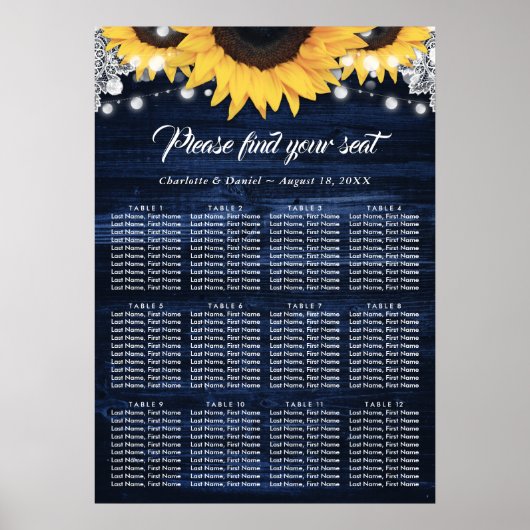 Poster Graphique de placement de mariage Tournesol Bois B (Devant)