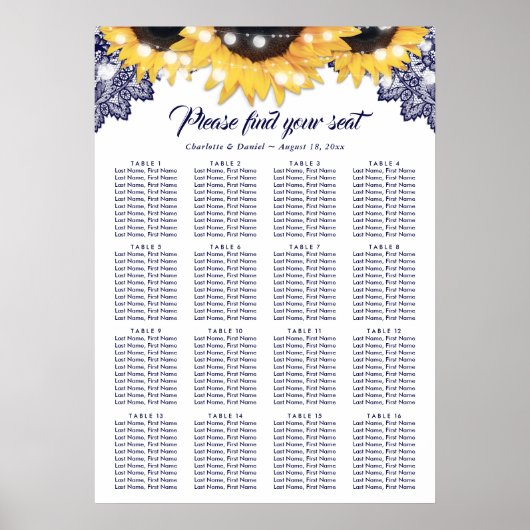 Poster Graphique de placement de mariage tournesol en den (Devant)
