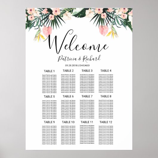 Poster Graphique de placement de mariage tropical floral (Devant)
