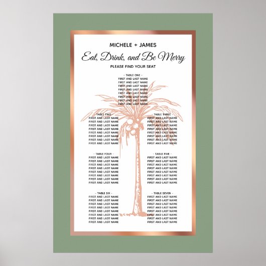 Poster Graphique de placement de mariage tropical Palm or (Devant)