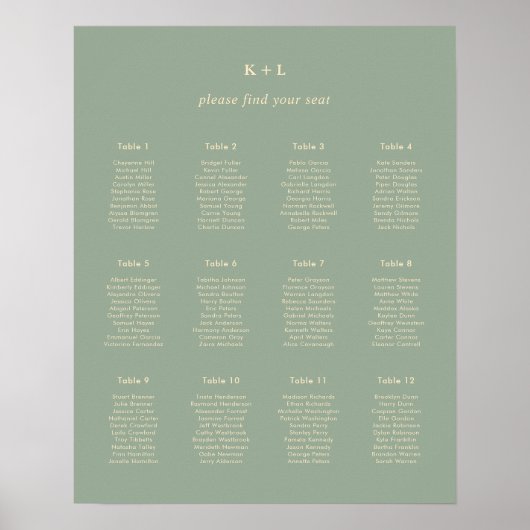 Poster Graphique de placement de mariage vert sauge simpl (Devant)
