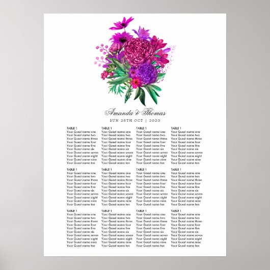 Poster Graphique de placement de sièges floral fuchsia et (Devant)