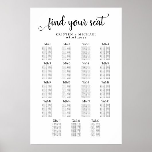 Poster Graphique de placement des invités de mariage à 19 (Devant)