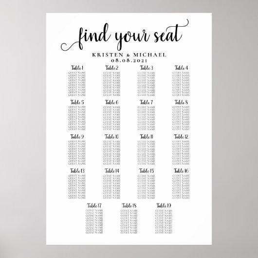 Poster Graphique de placement des invités de mariage à 19 (Devant)