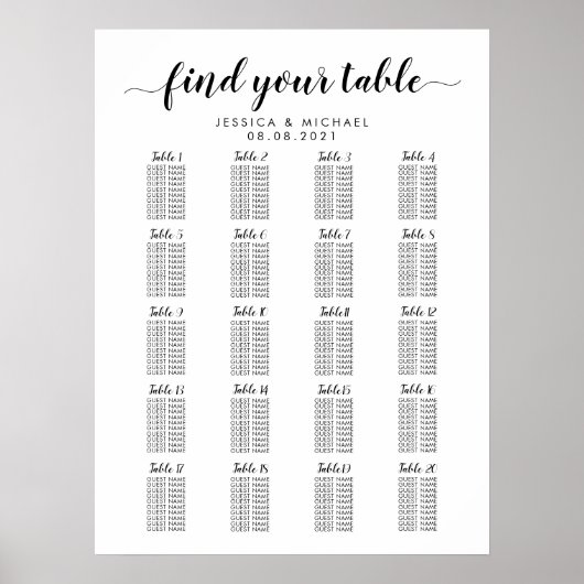 Poster Graphique de placement des invités de mariage à 20 (Devant)