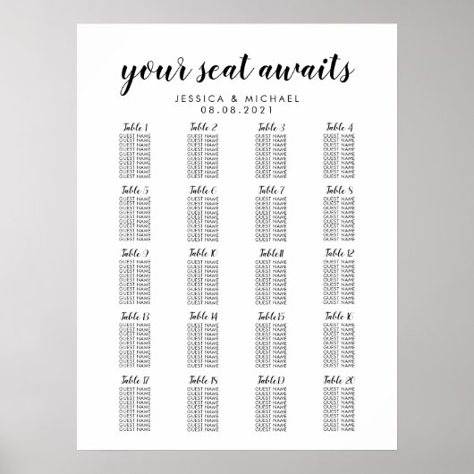 Poster Graphique de placement des invités de mariage à 20 (Devant)