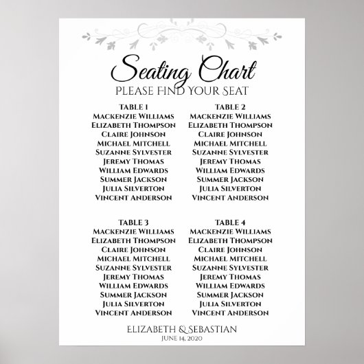 Poster Graphique de placement simple noir et blanc pour 4 (Devant)