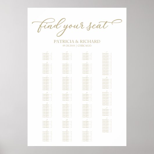 Poster Graphique de siège alphabétique Élégant Script or (Devant)