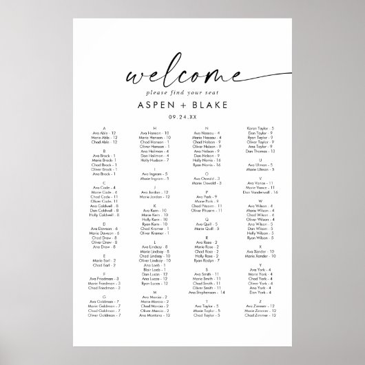 Poster Graphique de sièges alphabétiques de script modern (Devant)