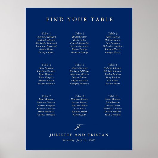 Poster Graphique de sièges de mariage Navy et Crème Class (Devant)