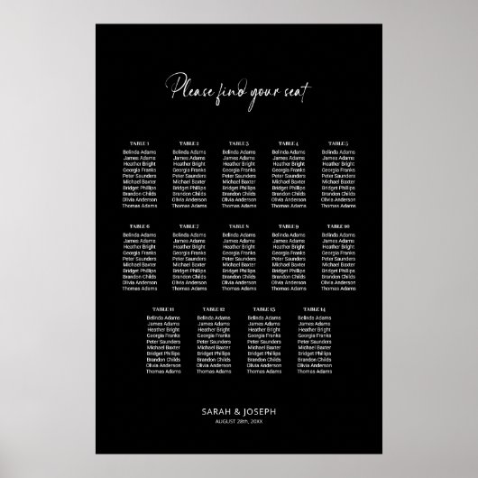 Poster Graphique de sièges Mariage de 14 tables en noir é (Devant)