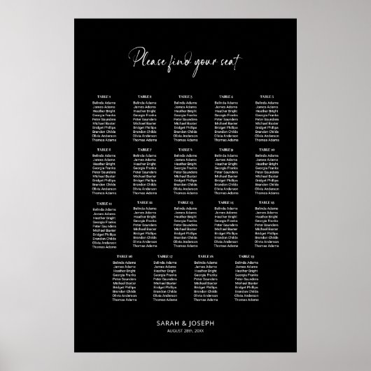 Poster Graphique de sièges Mariage de 19 tables en noir é (Devant)