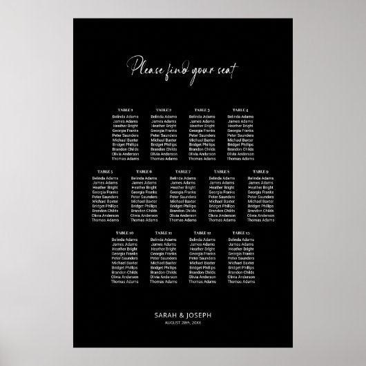 Poster Graphique de sièges Mariage élégant noir 13 Table (Devant)