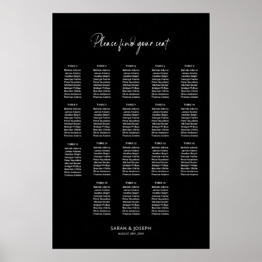 Poster Graphique de sièges Mariage élégant noir 18 Table (Devant)
